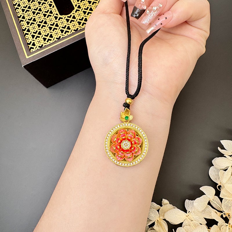 New Chinese Style Vietnamese Sand Gold Burned Blue Diamond Lotus Compasses Necklace Women'S All-Match High-End Hollow Pendant Rotatable - Image 4